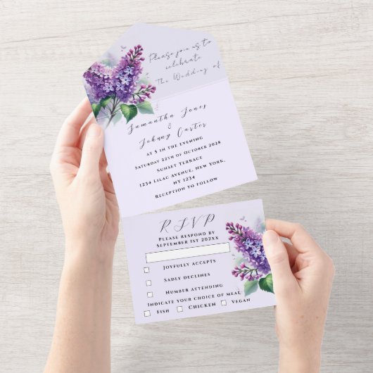 水彩植物性薄紫パープル結婚フローラズA オールインワン招待状 (貼ってはがせる)