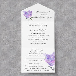 水彩植物性薄紫パープル結婚フローラズA オールインワン招待状