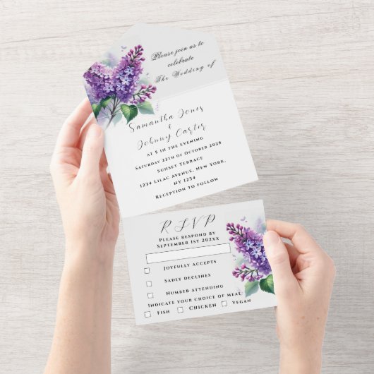 水彩植物性薄紫パープル結婚フローラズA オールインワン招待状 (貼ってはがせる)