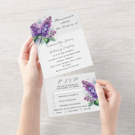 水彩植物性薄紫パープル結婚フローラズA オールインワン招待状