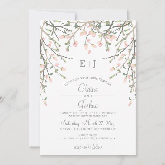 水彩植物性赤面ピンクフローラ結婚ズ 招待状 (正面)
