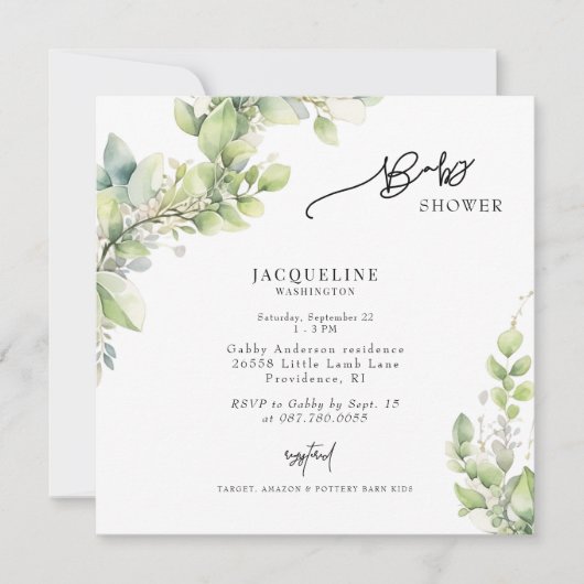 水彩植物採光広場ベイビーシャワー 招待状 (正面)