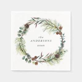 水彩植物松リースクリスマスパーティー スタンダードカクテルナプキン