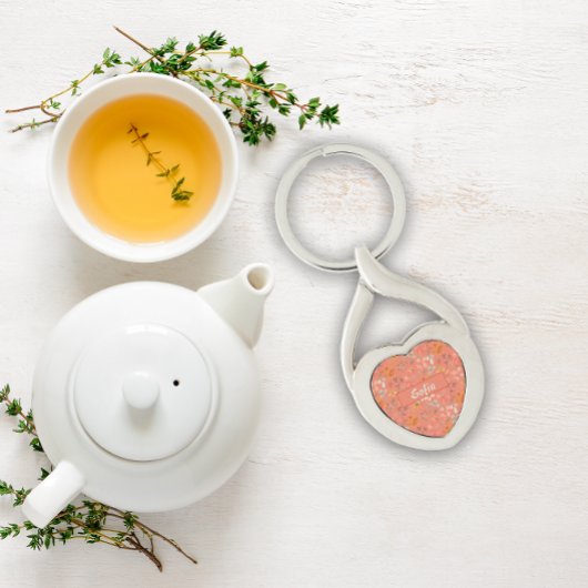 水彩植物模様オレンジメタルキーチェーン キーホルダー