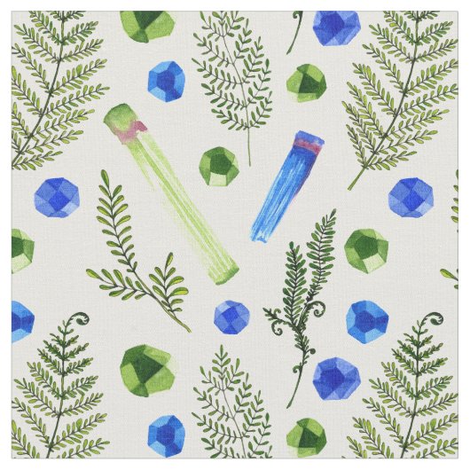 水彩植物結晶石模様織物 ファブリック (クローズアップ)