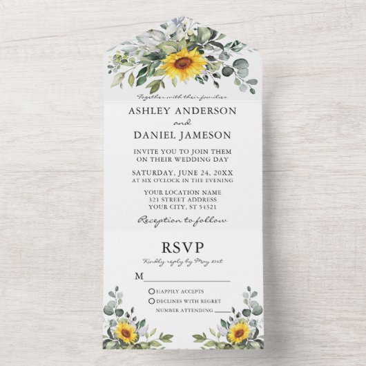 水彩植物緑のヒマワリ結婚ズ オールインワン招待状 (内側)