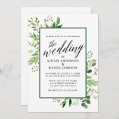 水彩植物緑結婚の額縁 招待状 (正面/裏面)