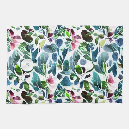 水彩植物花エレガントモノグラムの キッチンタオル (横)