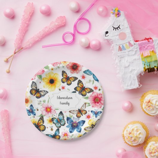 水彩植物花エレガントモノグラムの ペーパープレート (パーティー)