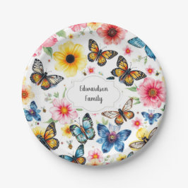 水彩植物花エレガントモノグラムの ペーパープレート