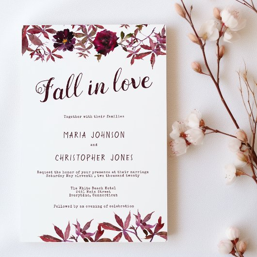 水彩植物花秋インラブ結婚ズ 招待状