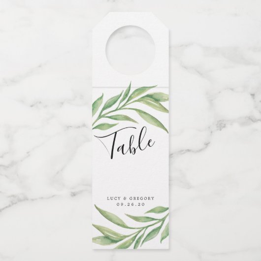 水彩植物葉の結婚表番号 ボトルネックタグ (正面)