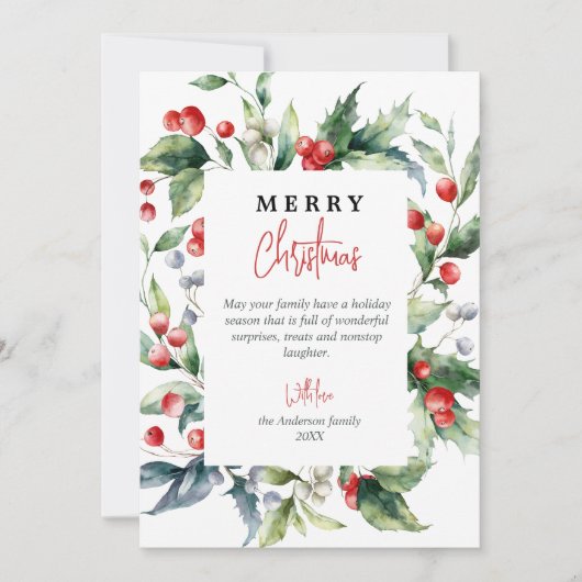 水彩植物赤い果実フォトクリスマス シーズンカード (正面)