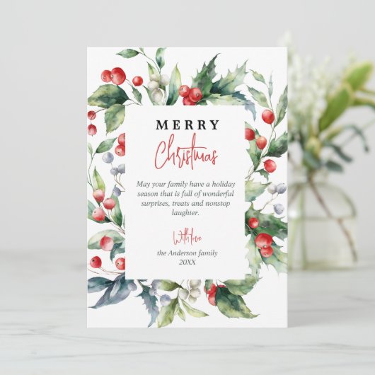 水彩植物赤い果実フォトクリスマス シーズンカード (スタンド正面)