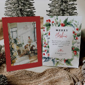 水彩植物赤い果実フォトクリスマス シーズンカード