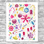 水彩植物野草 ポスター<br><div class="desc">白いモダン背景に絵画散らばる豊かな色の花や葉の水色。オリジナルアートby Nic Squirrell.</div>