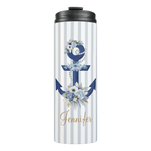 水彩植物青航海のストライプ金ゴールド タンブラー (正面)