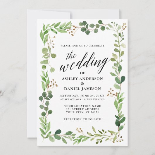 水彩植物骨格ユーカリ結婚ス 招待状 (正面)