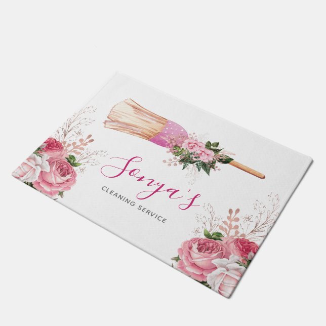 水彩業務清掃サービスピンクブローム ドアマット (アングル)