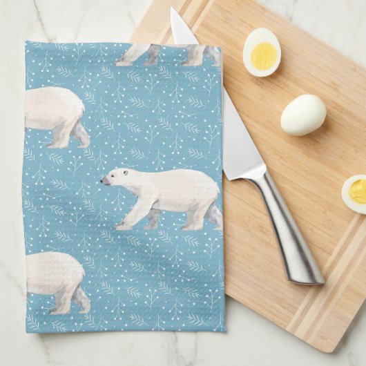 水彩極熊ブルーキッチンタオル キッチンタオル (四つ折り)