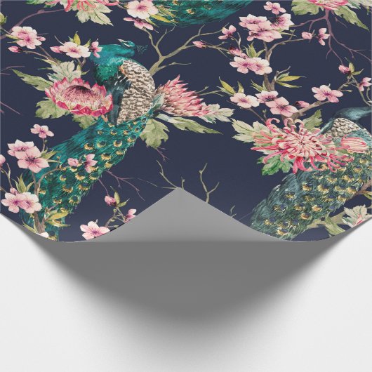 水彩模様のピーコックの木のさくらんぼ、花 ラッピングペーパー (角)