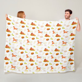 水彩模様の馬 馬蹄 麦藁 リンゴ フリースブランケット