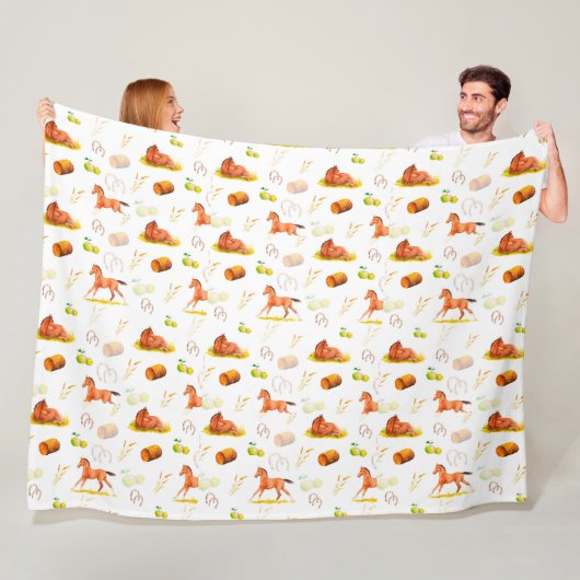 水彩模様の馬 馬蹄 麦藁 リンゴ フリースブランケット (インサイチュ)