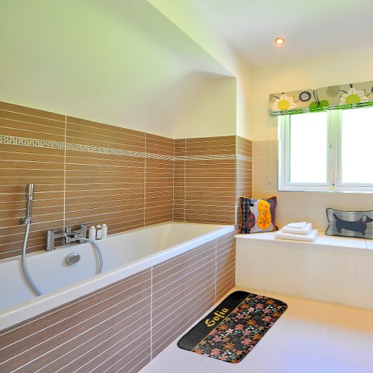 水彩模様ピンク黄色オレンジ バスマット