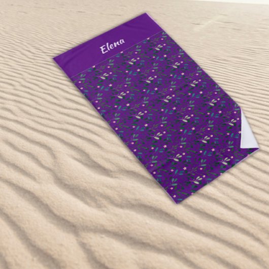 水彩模様緑葉名パープル ビーチタオル