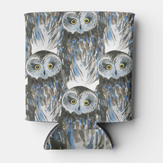 水彩模様、フクロウの大描写 缶クーラー (正面)