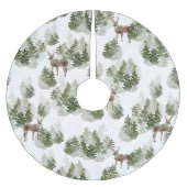 水彩樹と鹿の緑のクリスマス ブラッシュドポリエステルツリースカート (正面)