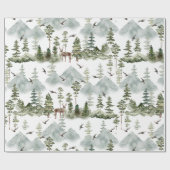 水彩樹と鹿の緑のクリスマス ラッピングペーパー (フラット)
