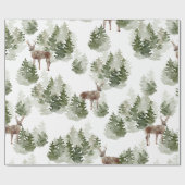 水彩樹と鹿の緑のクリスマス ラッピングペーパー (フラット)