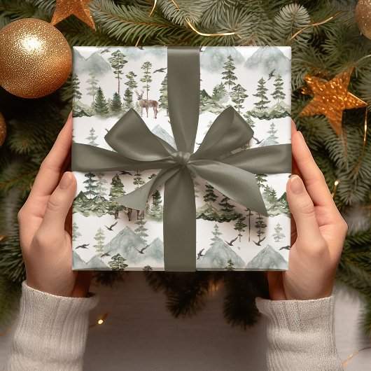 水彩樹と鹿の緑のクリスマス ラッピングペーパー