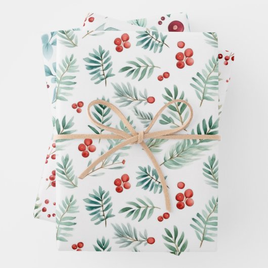 水彩樹の松と果実のクリスマス ラッピングペーパーシート (インサイチュ)