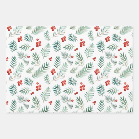 水彩樹の松と果実のクリスマス ラッピングペーパーシート (正面)