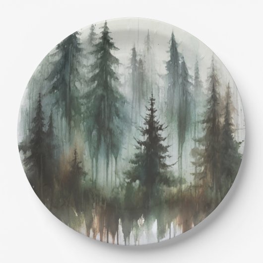 水彩樹木のラスティックな荒野のウェディング ペーパープレート (正面)