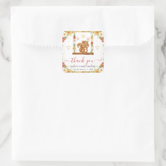 水彩樹木林リスの赤ちゃんシャワー スクエアシール (バッグ)