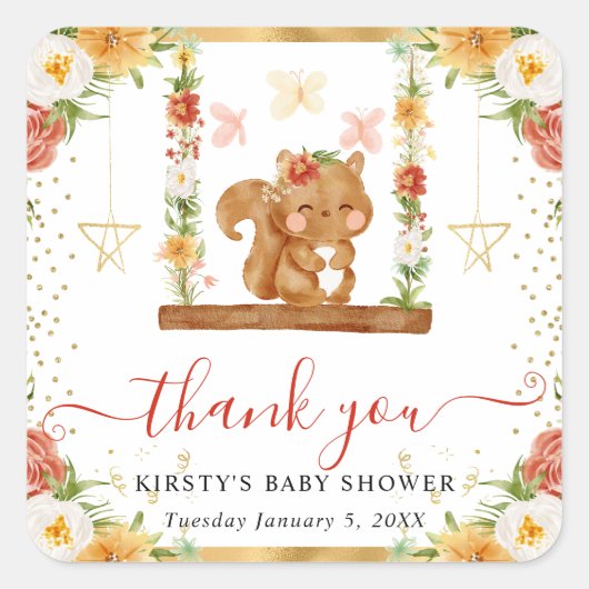 水彩樹木林リスの赤ちゃんシャワー スクエアシール (正面)