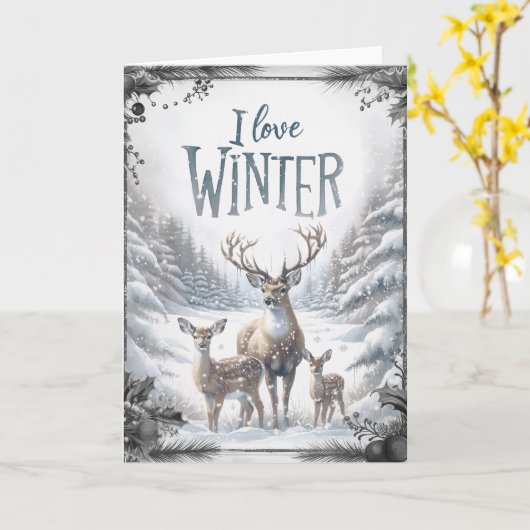 水彩樹林冬の鹿 カード (黄色い花)