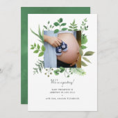 水彩樹林緑色写真妊娠 案内状 (正面/裏面)