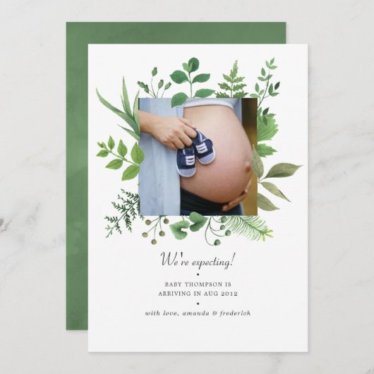 水彩樹林緑色写真妊娠 案内状 (正面/裏面)