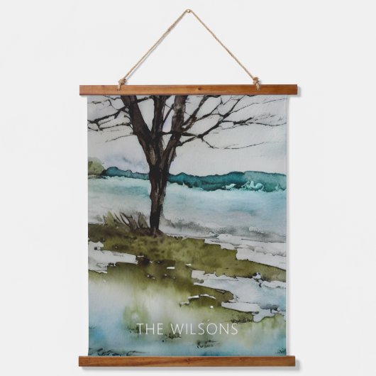 水彩樹素朴と水景色 吊り下げ型タペストリー (正面)