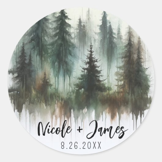 水彩樹素朴野結婚野 ラウンドシール (正面)