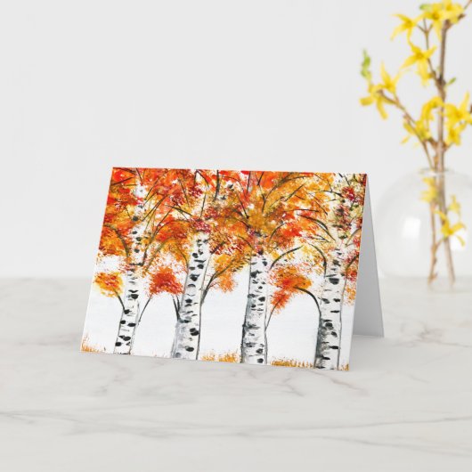 水彩樺の木ツリー秋秋オレンジ葉色 カード (黄色い花)