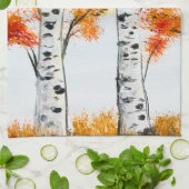水彩樺の木ツリー秋秋オレンジ葉色 キッチンタオル (折り畳み)