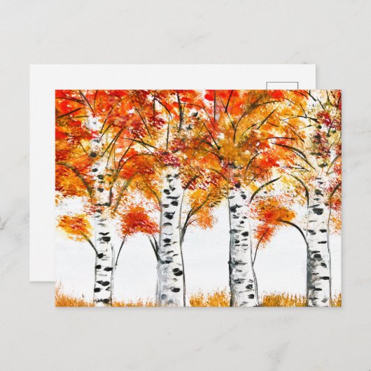 水彩樺の木ツリー秋秋オレンジ葉色 ポストカード (正面/裏面)