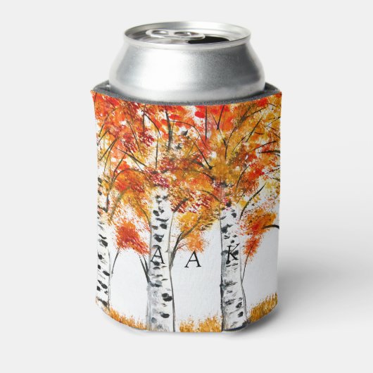 水彩樺の木ツリー秋秋結婚の 缶クーラー (缶裏面)