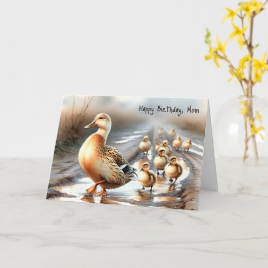 水彩母鴨お母さんの誕生日 カード (黄色い花)