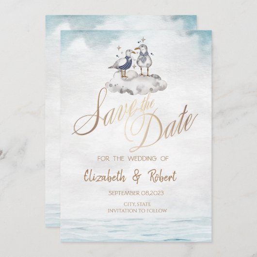 水彩水彩シーグルスビーチ日付を保存 セーブザデート (正面/裏面)